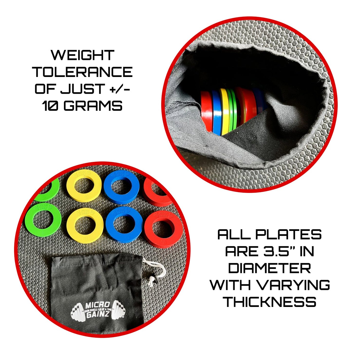 Micro Gainz Olympic Size Fractional Weight Plates Set of 10 Plates .25LB-1.25LB w/ Bag
