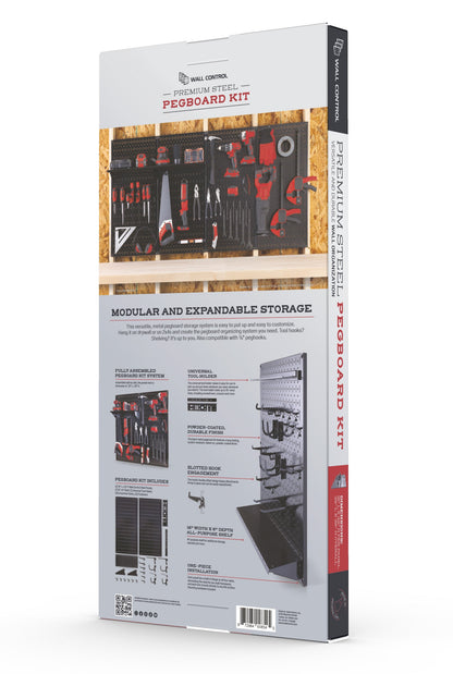 Wall Control Premium Steel Pegboard Kit - Black Pegboard with Hooks