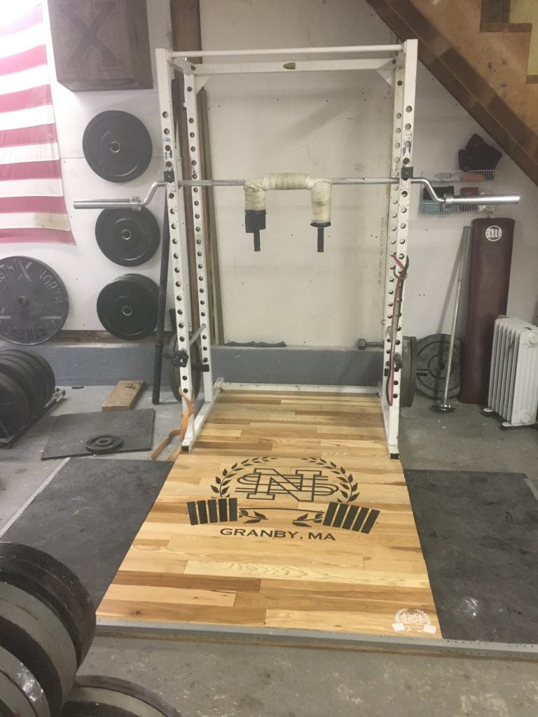 lifting platform at North Street Strength, a private powerlifting gym in Granby, MA.